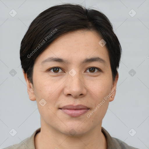 Joyful white adult female with short  brown hair and brown eyes