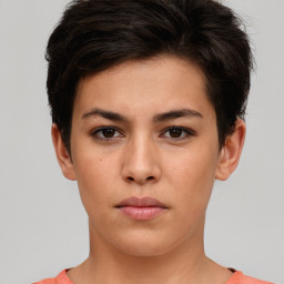 Neutral white young-adult female with short  brown hair and brown eyes