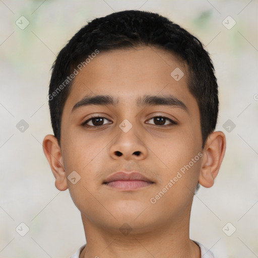 Neutral latino young-adult male with short  brown hair and brown eyes