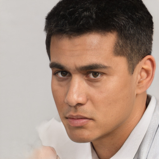 Neutral white young-adult male with short  black hair and brown eyes