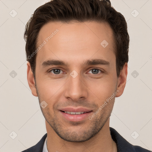 Joyful white young-adult male with short  brown hair and brown eyes