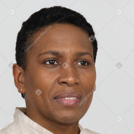 Joyful black adult female with short  brown hair and brown eyes