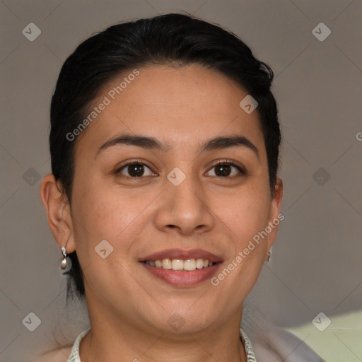 Joyful white young-adult female with short  brown hair and brown eyes