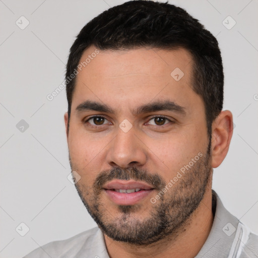 Neutral white young-adult male with short  black hair and brown eyes