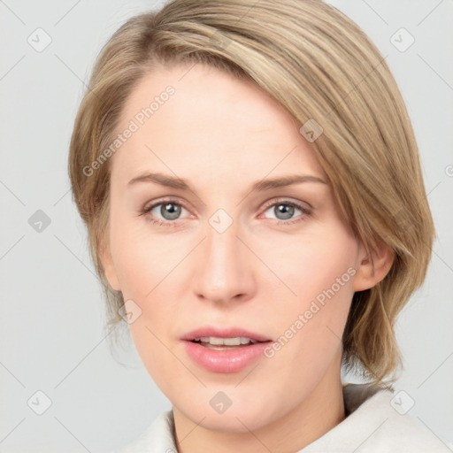 Joyful white young-adult female with medium  brown hair and blue eyes