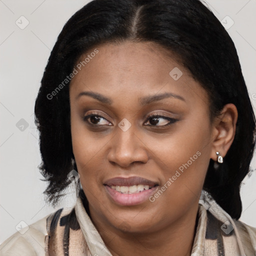 Joyful latino young-adult female with long  black hair and brown eyes