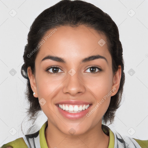 Joyful latino young-adult female with medium  brown hair and brown eyes