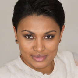 Joyful black young-adult female with short  brown hair and brown eyes