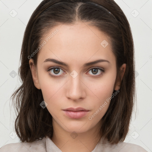 Neutral white young-adult female with medium  brown hair and brown eyes