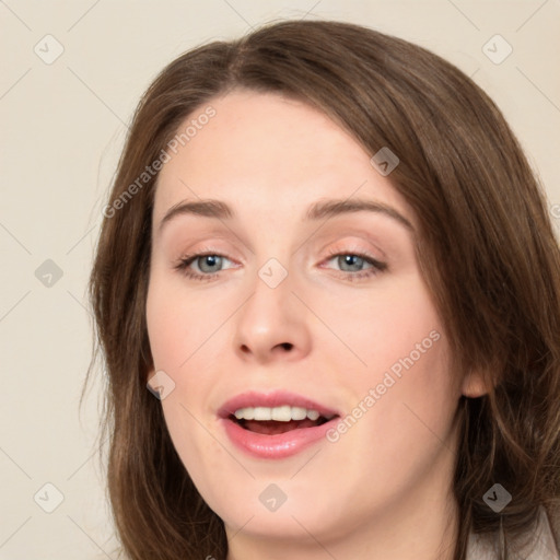 Joyful white young-adult female with medium  brown hair and green eyes