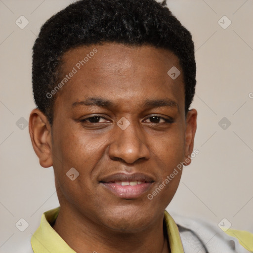 Joyful latino young-adult male with short  brown hair and brown eyes