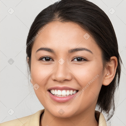 Joyful white young-adult female with medium  brown hair and brown eyes