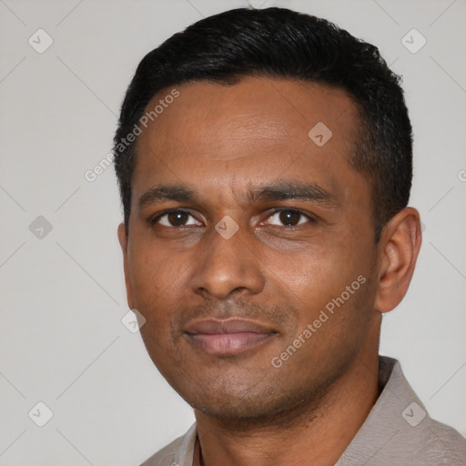 Neutral latino young-adult male with short  black hair and brown eyes