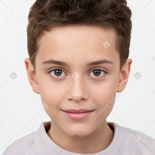 Joyful white child male with short  brown hair and brown eyes