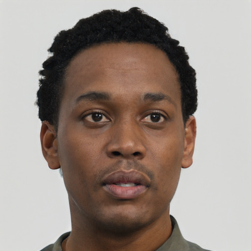 Neutral black young-adult male with short  black hair and brown eyes