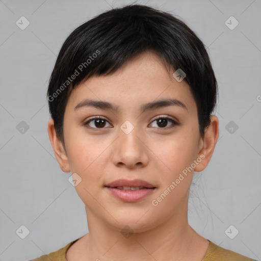 Joyful white young-adult female with short  black hair and brown eyes