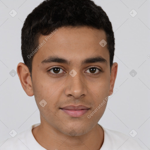 Neutral latino young-adult male with short  brown hair and brown eyes