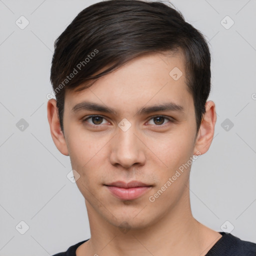 Neutral white young-adult male with short  brown hair and brown eyes