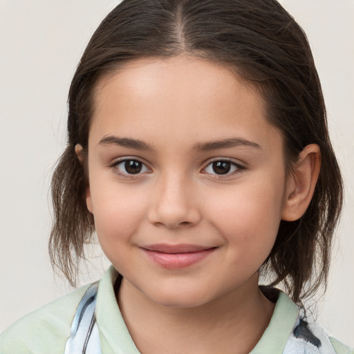 Joyful white child female with medium  brown hair and brown eyes