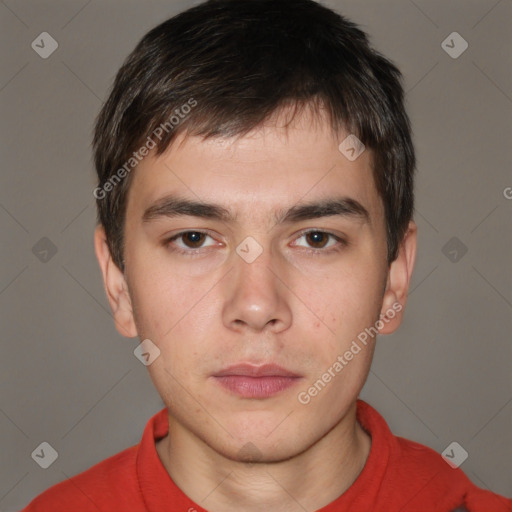 Neutral white young-adult male with short  brown hair and brown eyes