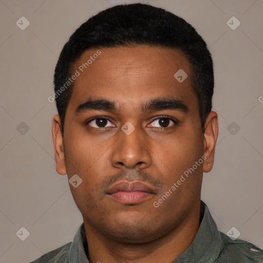 Neutral black young-adult male with short  black hair and brown eyes
