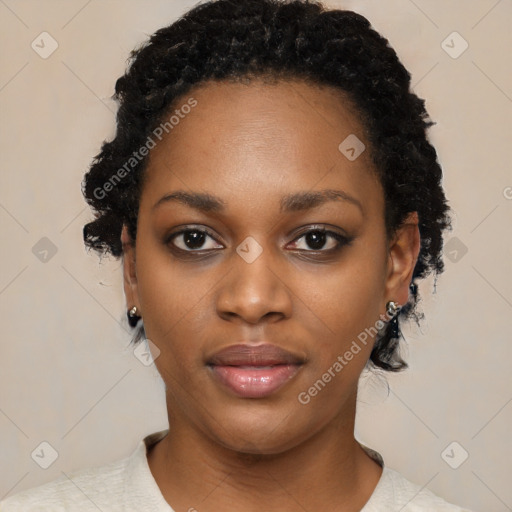 Neutral black young-adult female with short  black hair and brown eyes