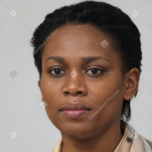 Neutral black young-adult female with short  black hair and brown eyes