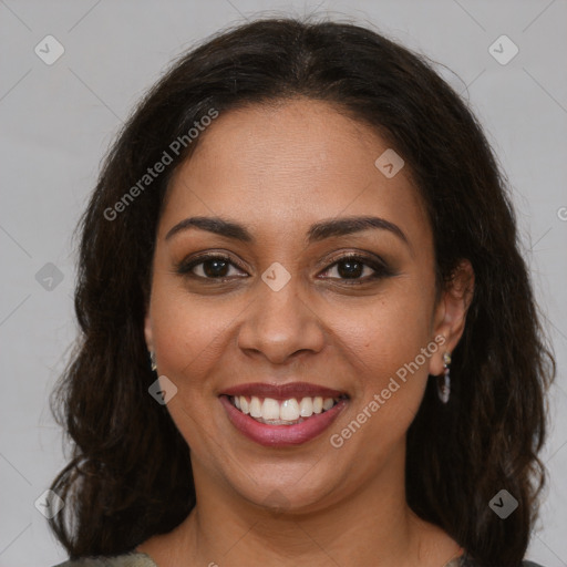 Joyful latino young-adult female with medium  brown hair and brown eyes