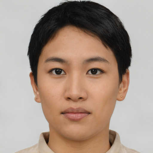 Neutral asian young-adult female with short  black hair and brown eyes