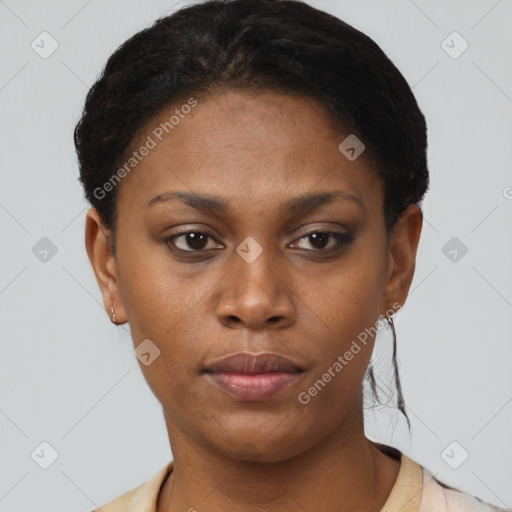 Neutral black young-adult female with short  brown hair and brown eyes