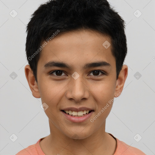 Joyful latino young-adult male with short  brown hair and brown eyes