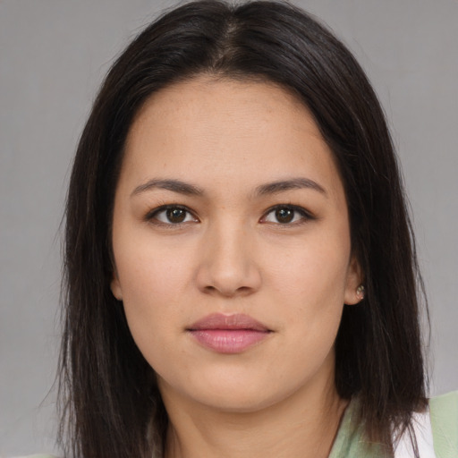 Neutral asian young-adult female with long  brown hair and brown eyes