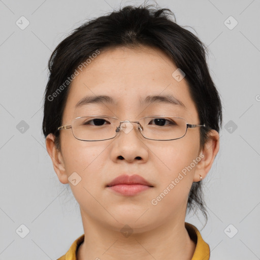 Neutral asian young-adult female with medium  brown hair and brown eyes