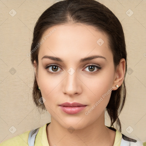 Neutral white young-adult female with medium  brown hair and brown eyes