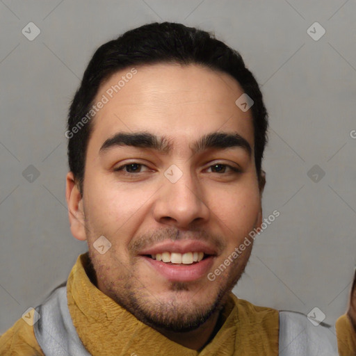 Joyful white young-adult male with short  black hair and brown eyes