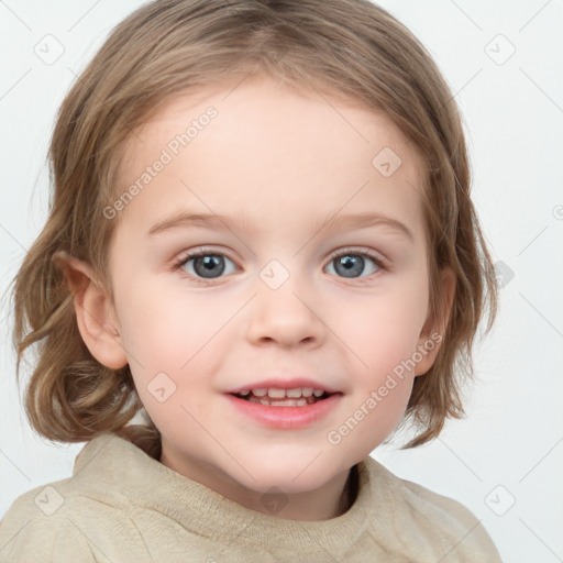 Joyful white child female with medium  brown hair and blue eyes