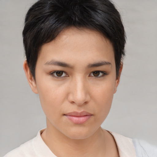 Neutral asian young-adult female with short  brown hair and brown eyes