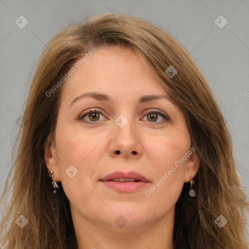 Joyful white adult female with long  brown hair and brown eyes