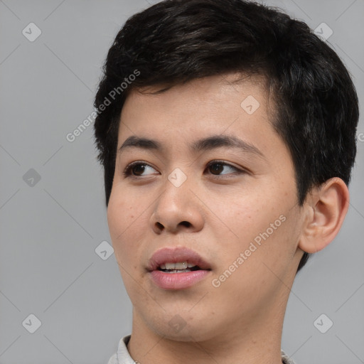 Neutral white young-adult male with short  black hair and brown eyes