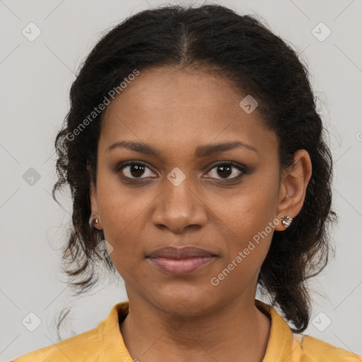 Joyful black young-adult female with medium  brown hair and brown eyes