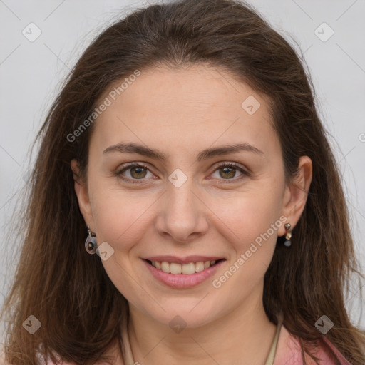 Joyful white young-adult female with long  brown hair and grey eyes