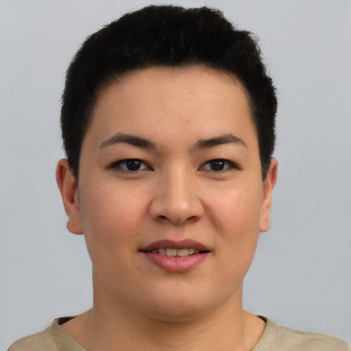 Joyful asian young-adult female with short  brown hair and brown eyes