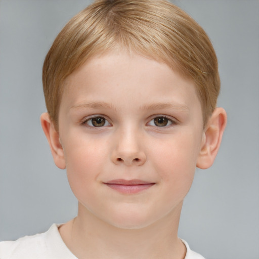 Joyful white child female with short  brown hair and brown eyes