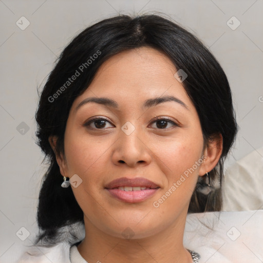 Joyful asian young-adult female with medium  brown hair and brown eyes