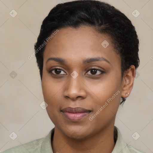 Joyful latino young-adult female with short  black hair and brown eyes