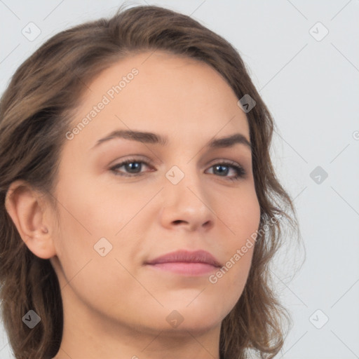 Neutral white young-adult female with long  brown hair and brown eyes