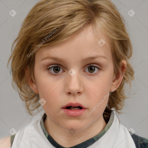 Neutral white child female with medium  brown hair and blue eyes