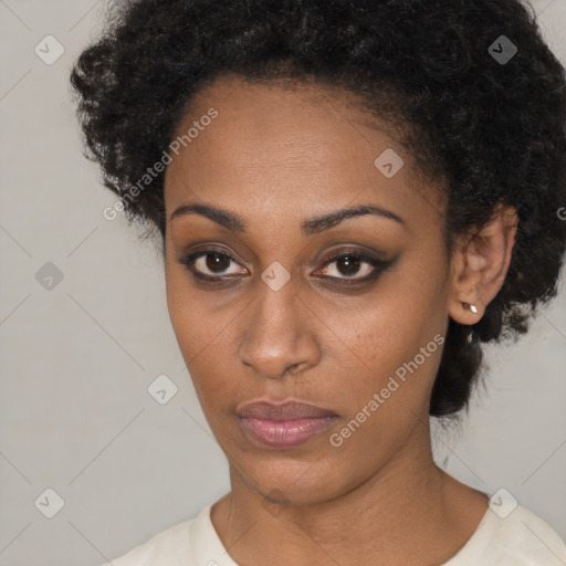 Neutral black young-adult female with short  black hair and brown eyes