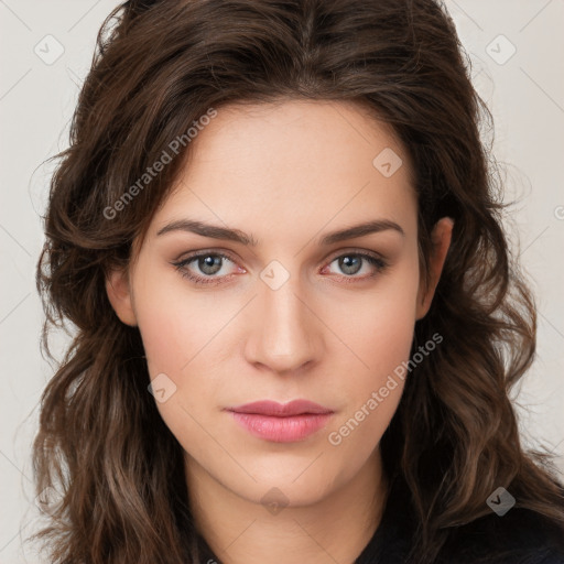 Neutral white young-adult female with long  brown hair and brown eyes