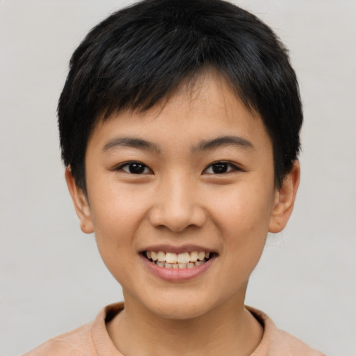 Joyful asian young-adult female with short  black hair and brown eyes